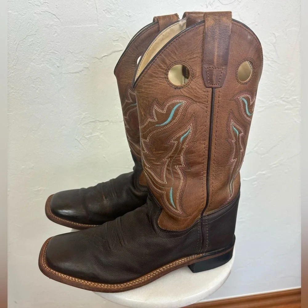 OLD WEST Broad Square Toe‎ Western Cowboy Boots Brown Tan Leather Cowgirl 6